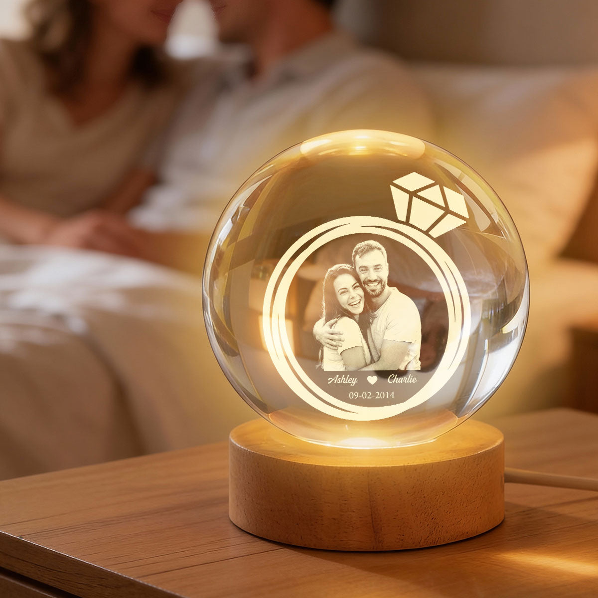 Eternal Love Custom Couple Photo Inside Ring - Personalized Crystal Ball LED Night Light - Valentine's Day Gift For Couple, For Her, For Him