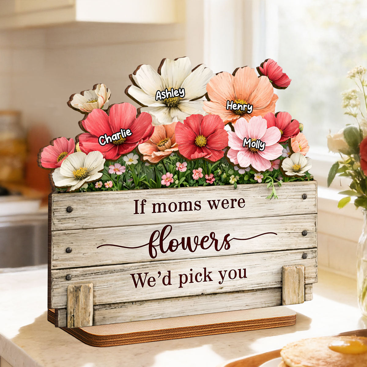 If Moms Were Flowers We'd Pick You - Personalized 2-Layered Wooden Plaque - Heartfelt Mother's Day Gift for Mom, Wife