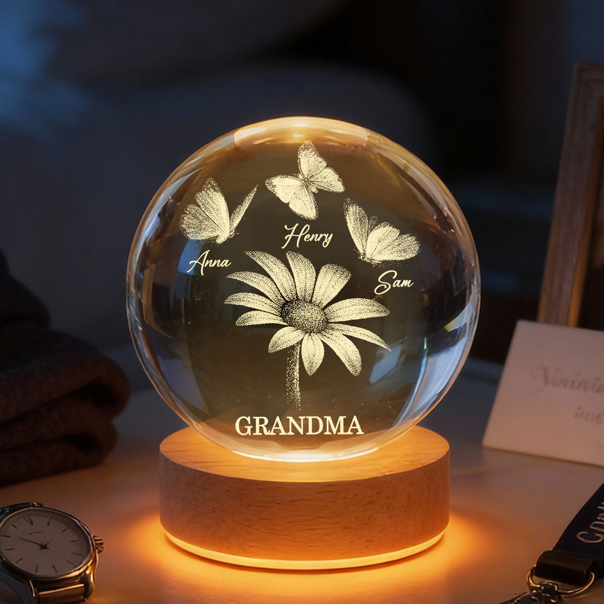 Daisy Flower Butterflies Grandma Grandkids - Personalized Crystal Ball LED Night Light - Mother's Day Gift For Grandma