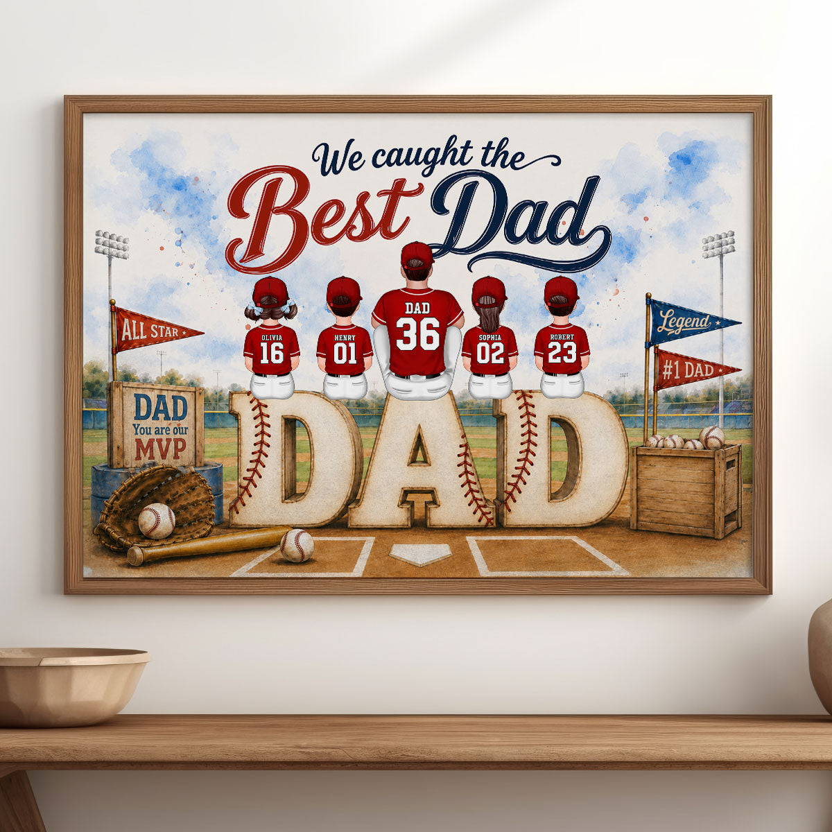 Watercolor Style Baseball Family Daddy's Dream Team - Personalized Poster - Father's Day Gift For Dad, Husband