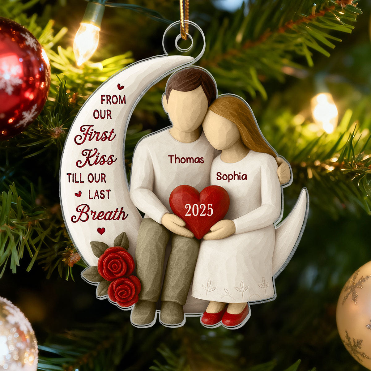 3D Effect Roses Wooden Texture Couple On Moon - Personalized Acrylic Ornament - Christmas Gift For Couple