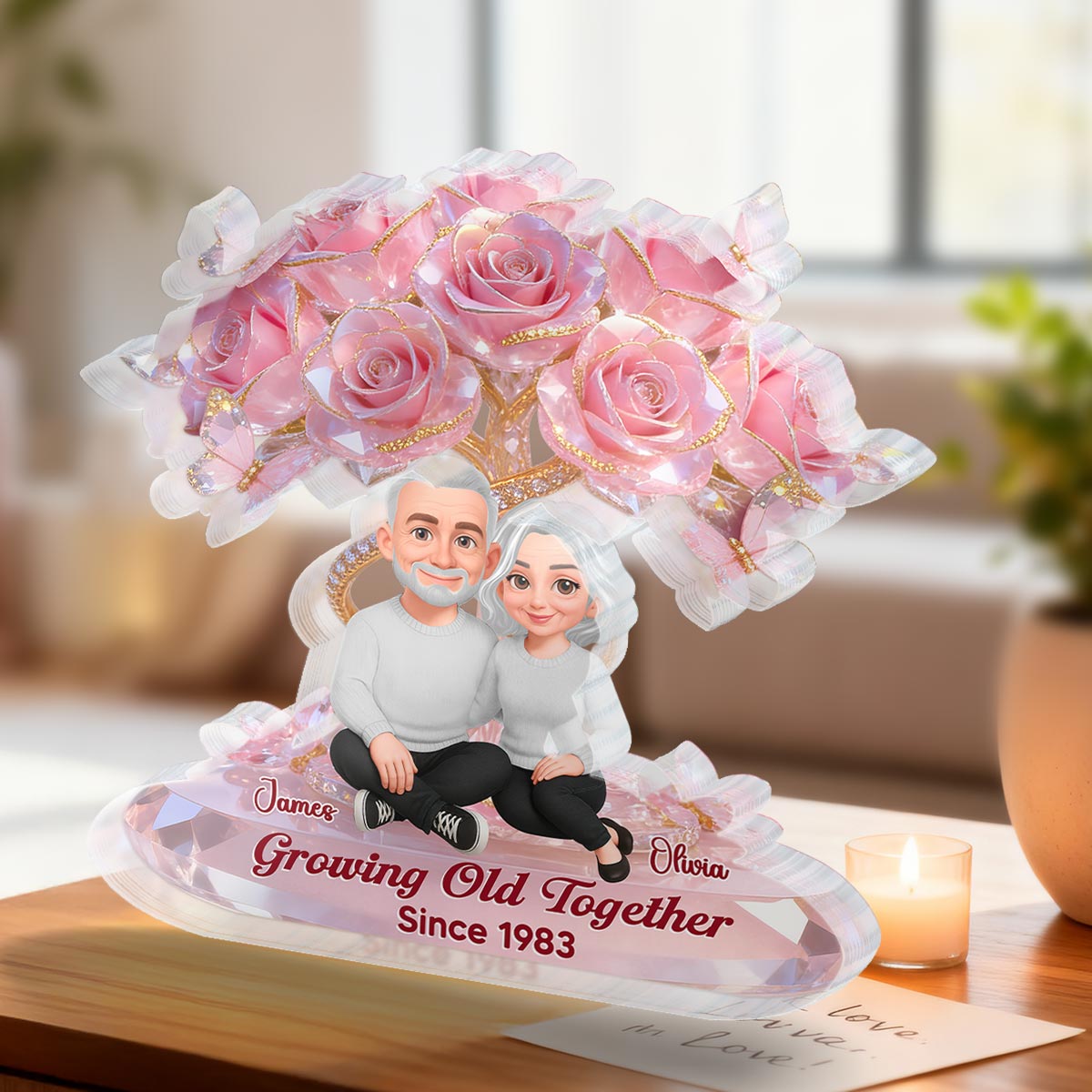 Eternal Love Pink Roses Couple Together - Personalized Acrylic Block Plaque - Valentine's Day Gift For Couple, Gift For Her, For Him