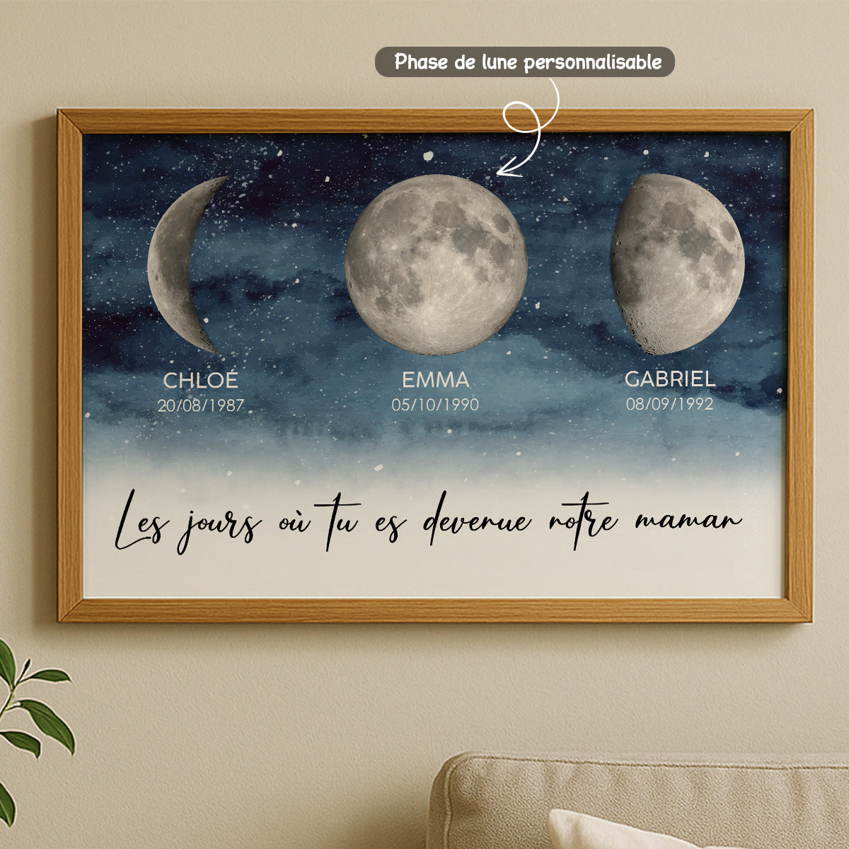 Nuit étoilée Le jour où tu es devenue Maman, Mamie – Affiche personnalisée avec phases de lune de naissance – Cadeau de Fête des Mères pour Maman ou Mamie