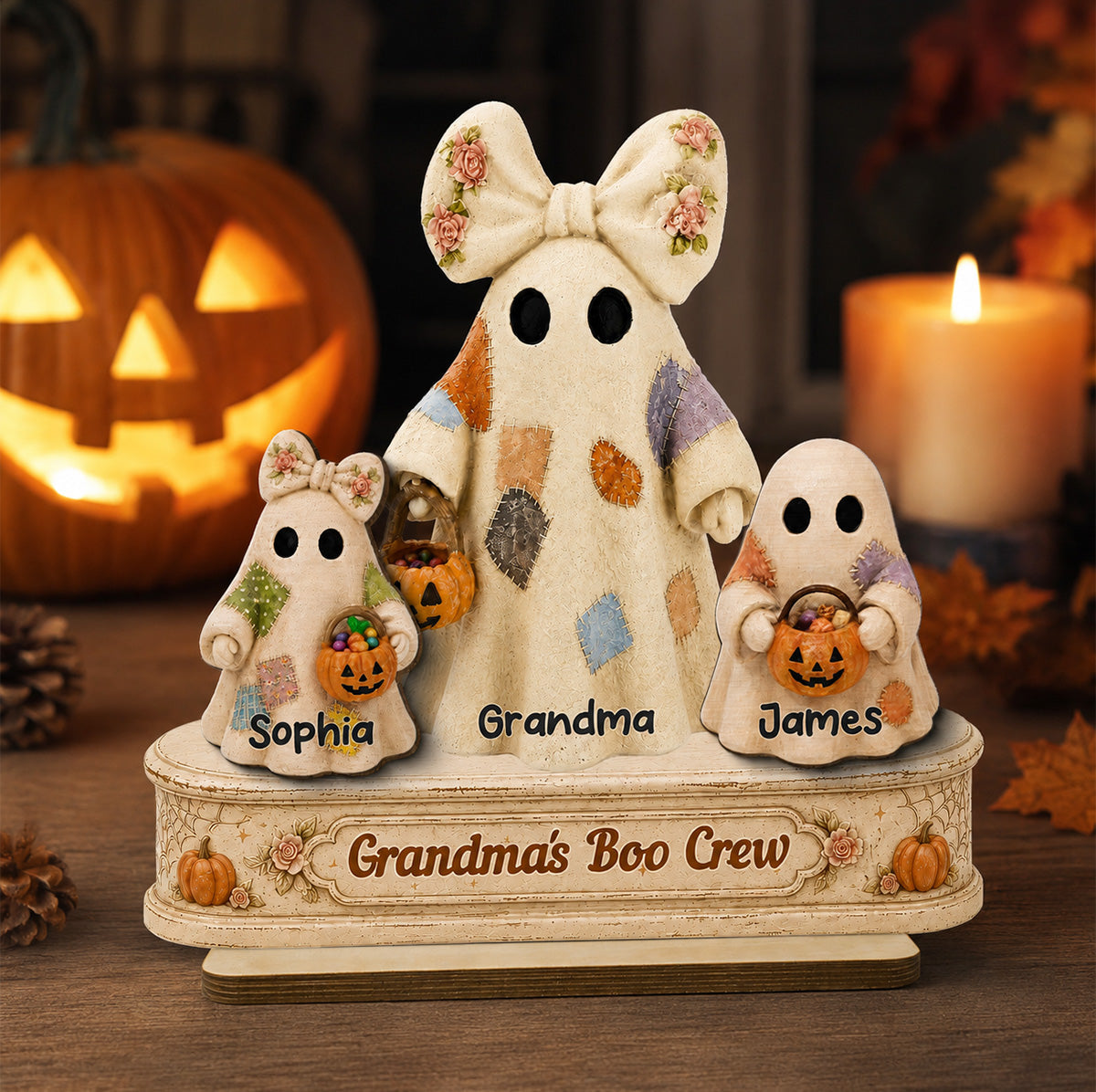 Grandma's Boo Crew Patchwork Style Ghosts 2D Flat - Personalized 2-Layered Wooden Plaque - Fall Season Halloween Decor For Grandma