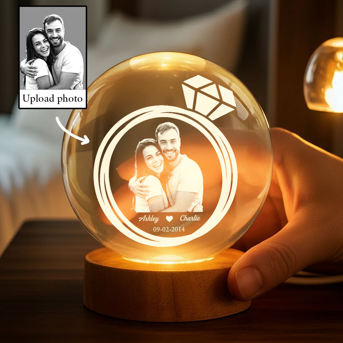Eternal Love Custom Couple Photo Inside Ring - Personalized Crystal Ball LED Night Light - Valentine's Day Gift For Couple, For Her, For Him