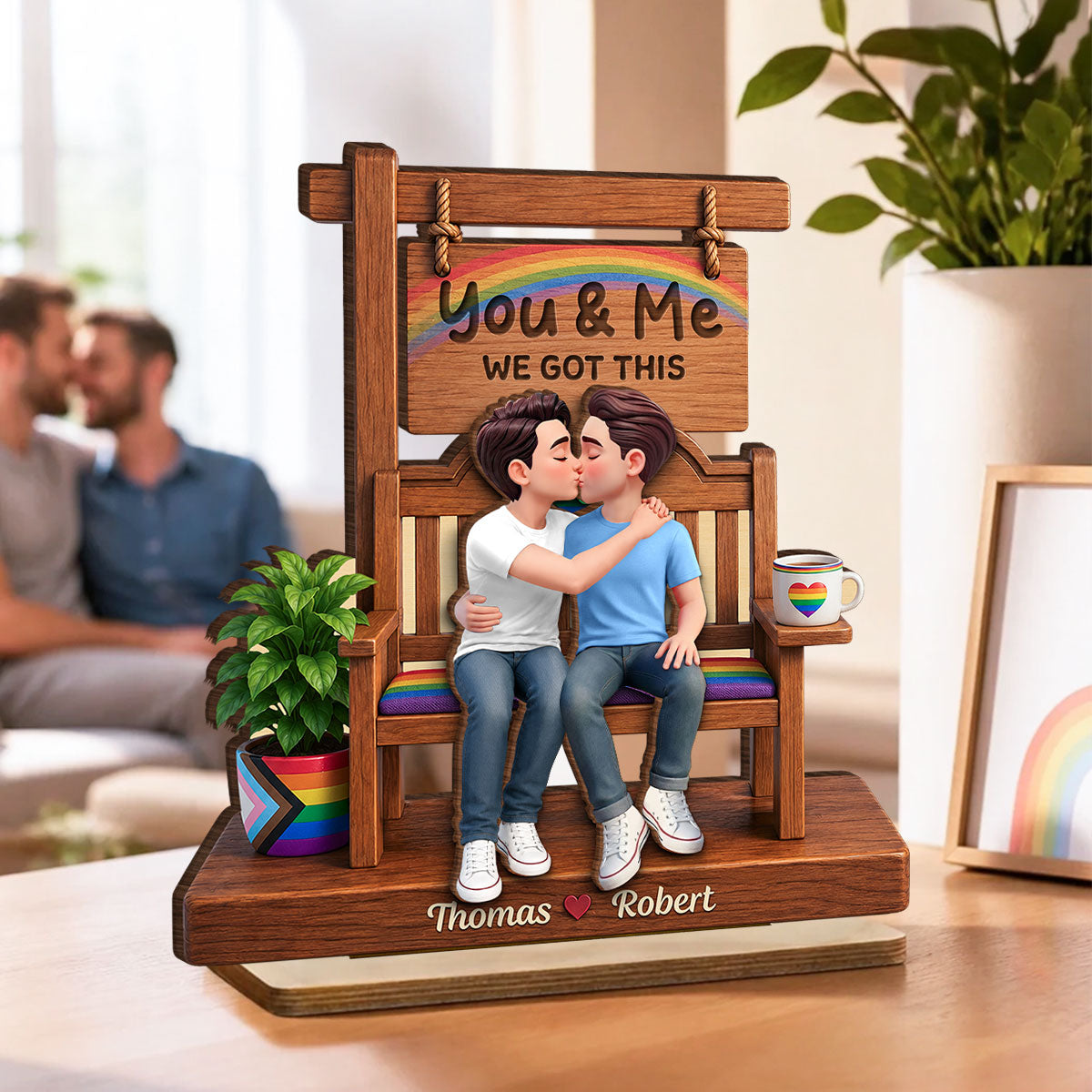 Pride Couple LGBTQ Romantic Love - Personalized 2-Layered Wooden Plaque - Gift For Couple, Happy Pride Month