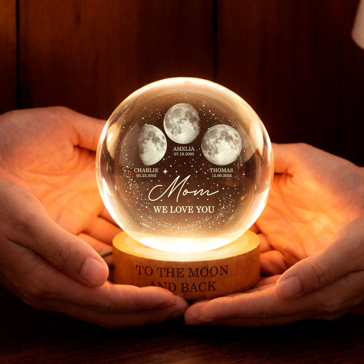 Love to the Moon and Back - Personalized Crystal Ball LED Night Light - Custom Moon Phase by Date, Mother's Day Gift for Mom, Wife