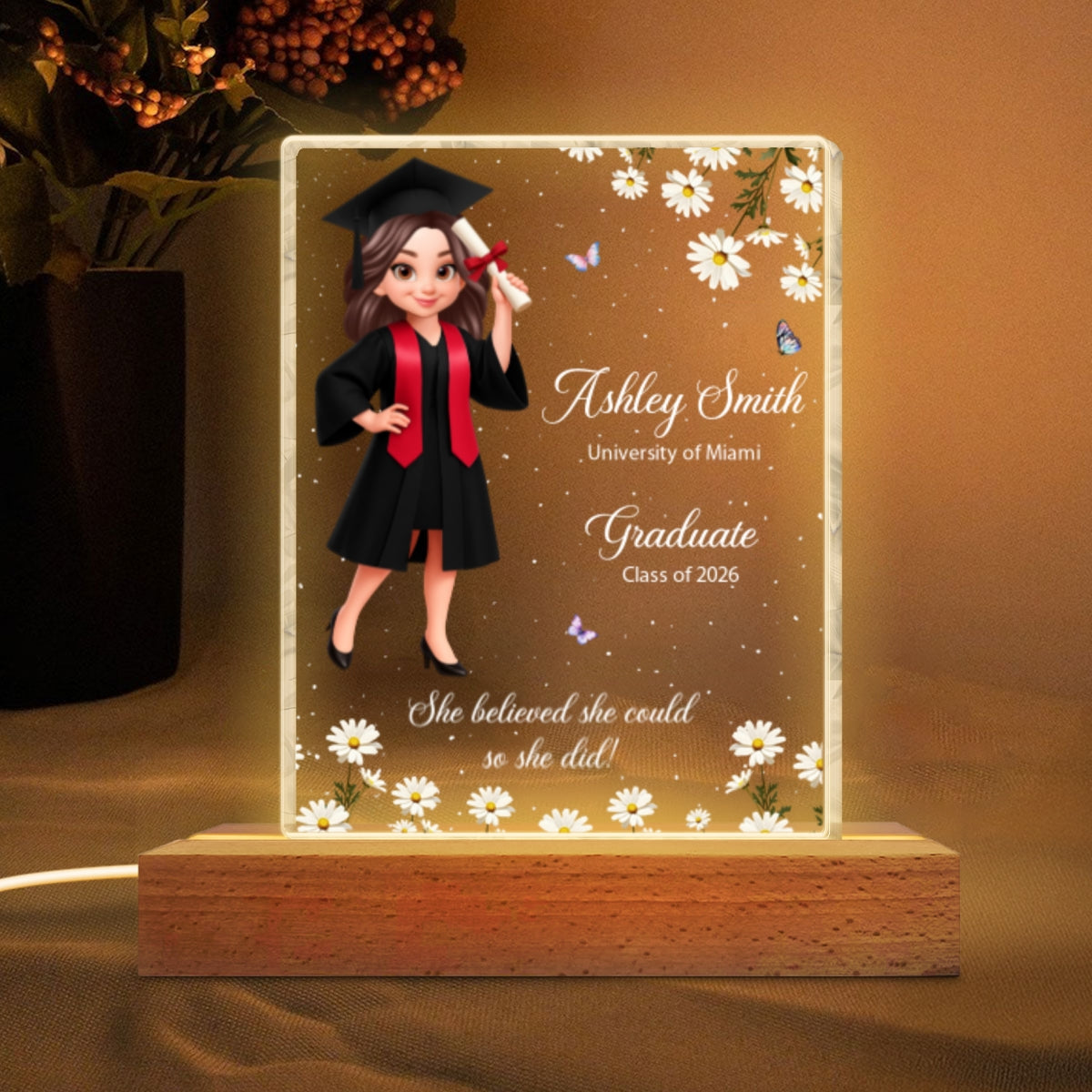 She Believed She Could So She Did, Class of 2026, 2027 - Personalized Acrylic Block LED Night Light - Heartfelt Gift for Seniors, Grads