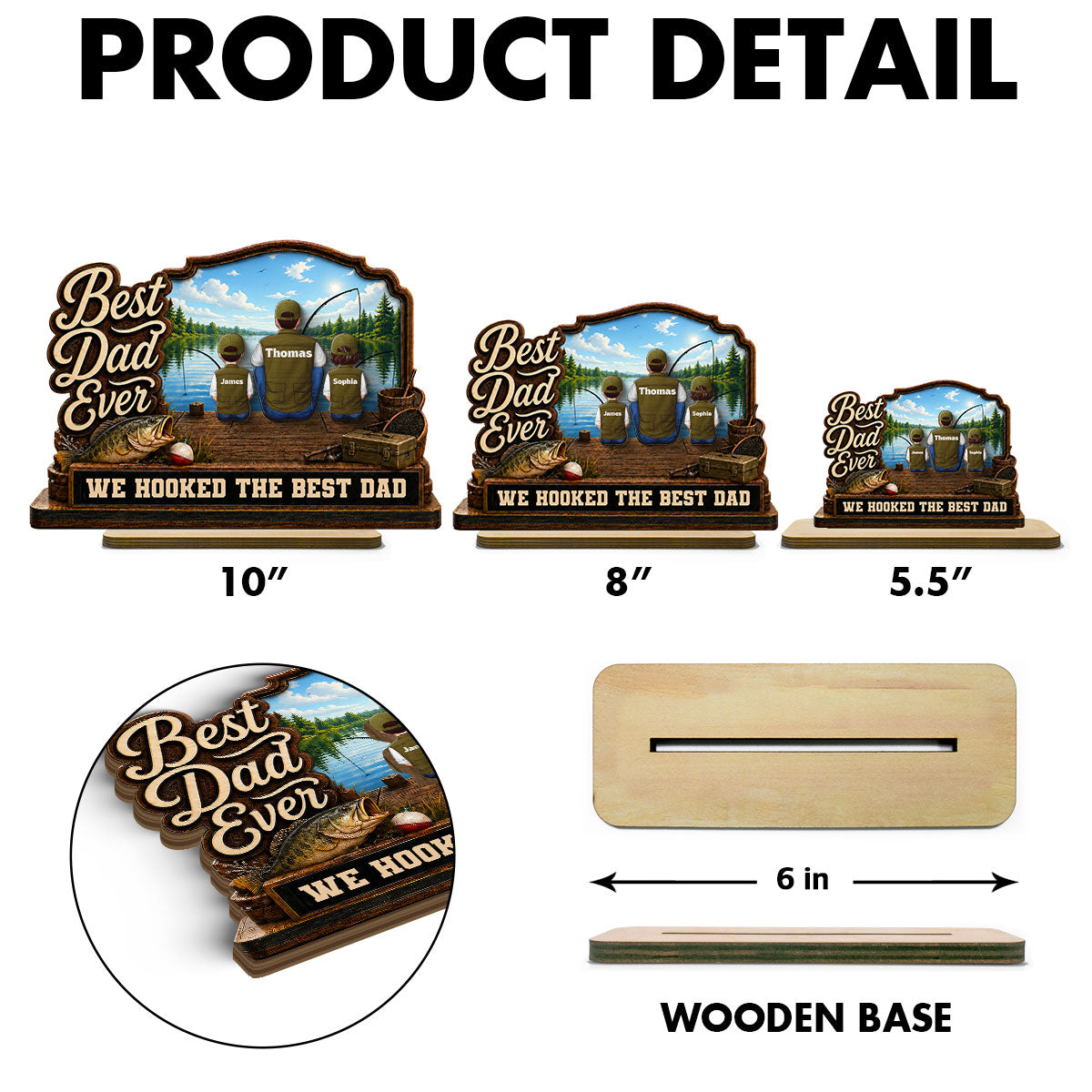 We Hooked The Best Dad Papa Fishing Man & Kids Back View 2D Flat - Personalized 2-Layered Wooden Plaque -  Gift For Hunting Dad, Grandpa
