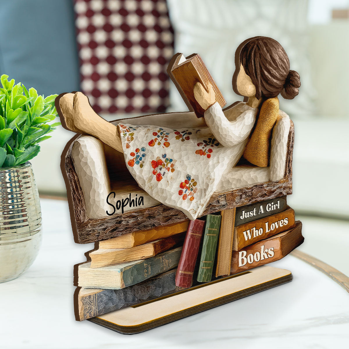 Man Woman Book Lover Reading Book On Sofa 3D Effect - Personalized Wooden Plaque