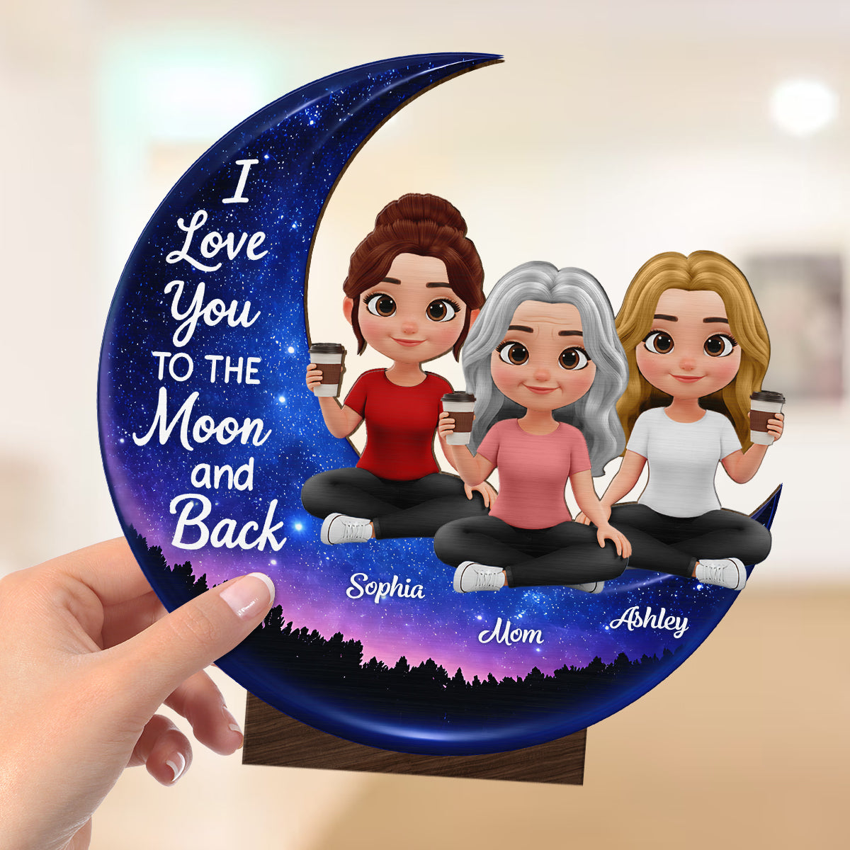 Mom And Daughters Love You To The Moon And Back - Personalized 2-Layered Wooden Plaque - Heartfelt Gift For Mom, Grandma