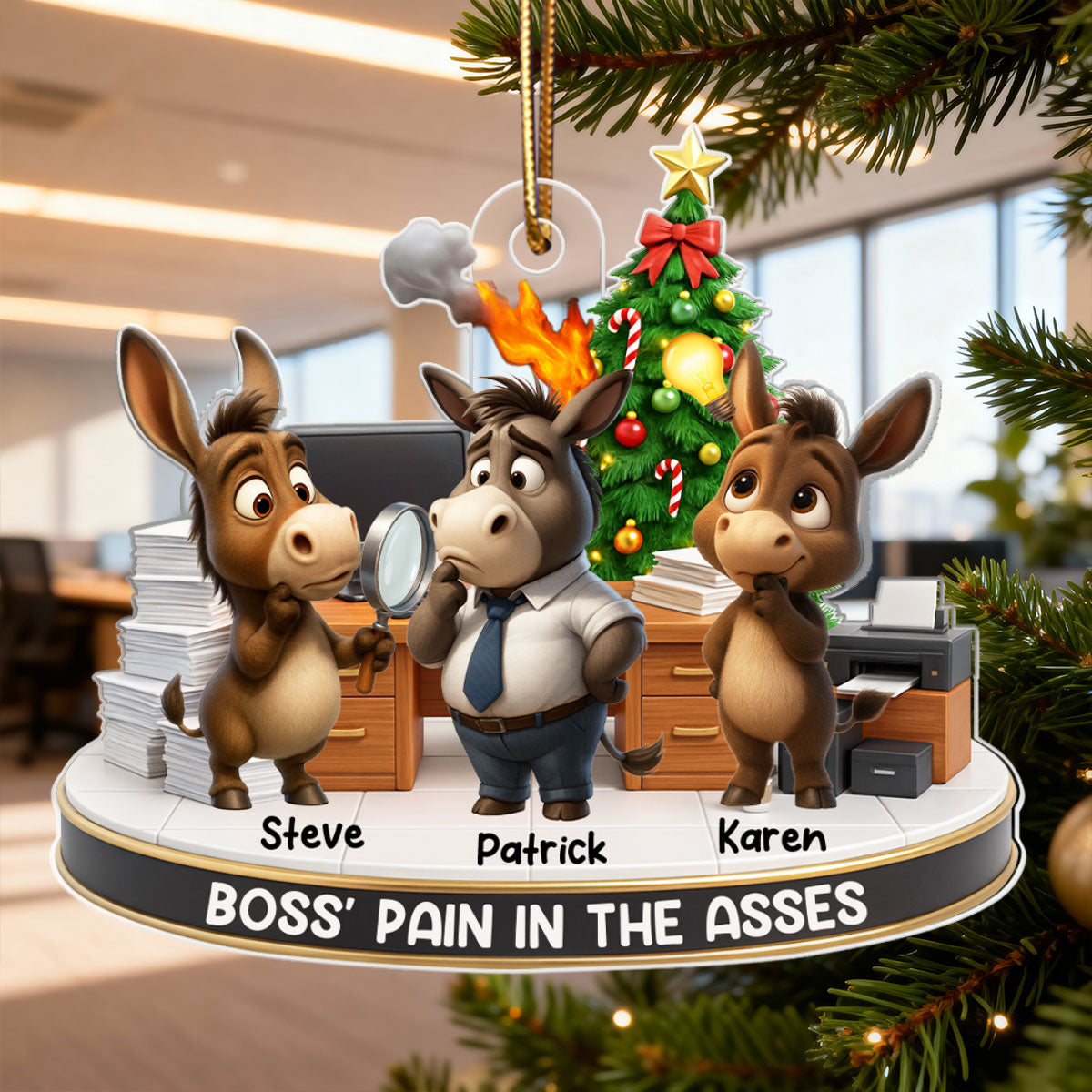Boss Pain in the Asses, Donkey Office Decoration - Personalized Acrylic Ornament - Custom Employee Gift Exchange, White Elephant Gift