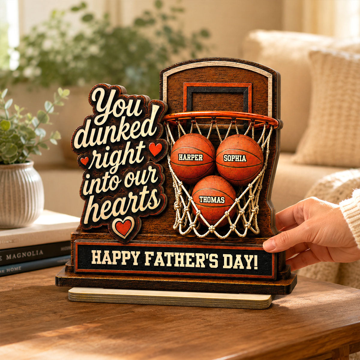 You Dunked Right Into Our Hearts Custom Name 2D Flat - Personalized 2-Layered Wooden Plaque -  Gift For Basketball Dad