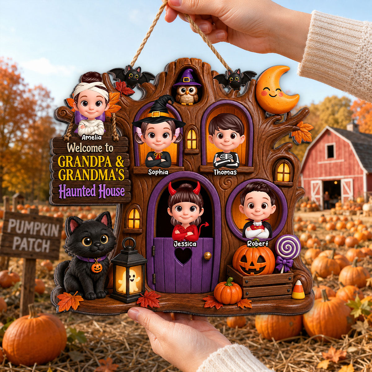 Cute Kids Welcome To Grandma Grandpa Haunted House - Personalized Wood Sign - Halloween Decoration For Grandparents