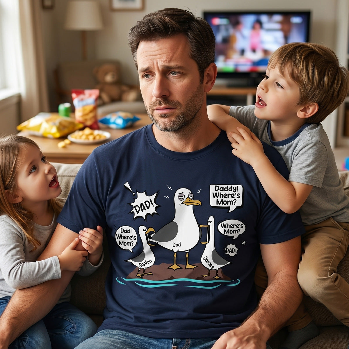 Where's Mom Funny Tired Seagull & Kids Custom Name - Personalized Shirt - Funny Father's Day Gift For Dad, Husband