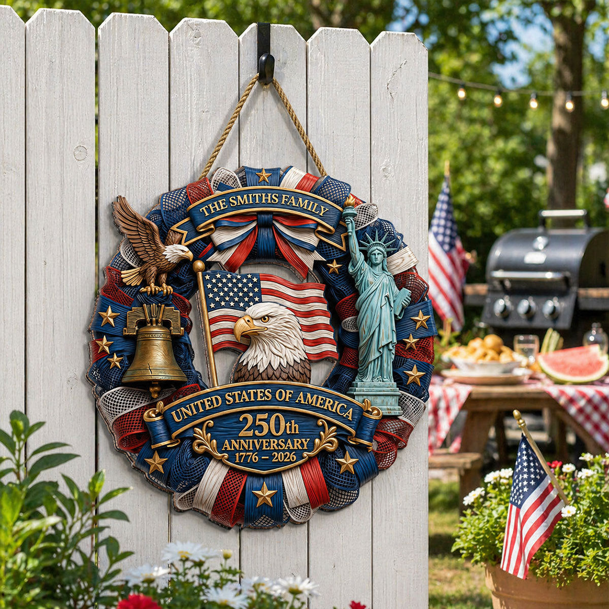 1776-2026 Eagle Liberty Bell Wreath 2D Printed - Personalized Door Hanger - United States 250th Anniversary USA Patriotic Home Decor