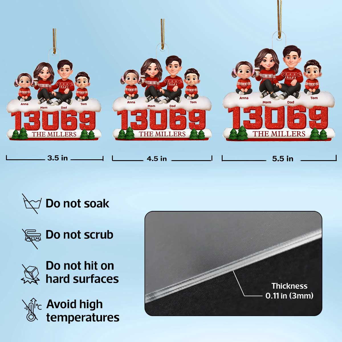 3D Effect Cartoon Family Sitting On Snow Zip Code - Personalized Acrylic Ornament