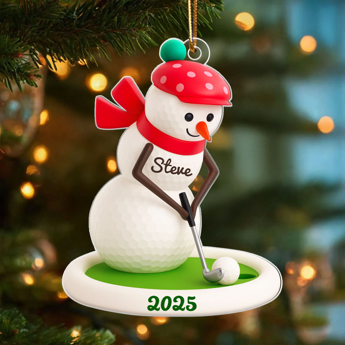 Snowman Playing Golf - Personalized Acrylic Ornament - Christmas Gift for Golfer