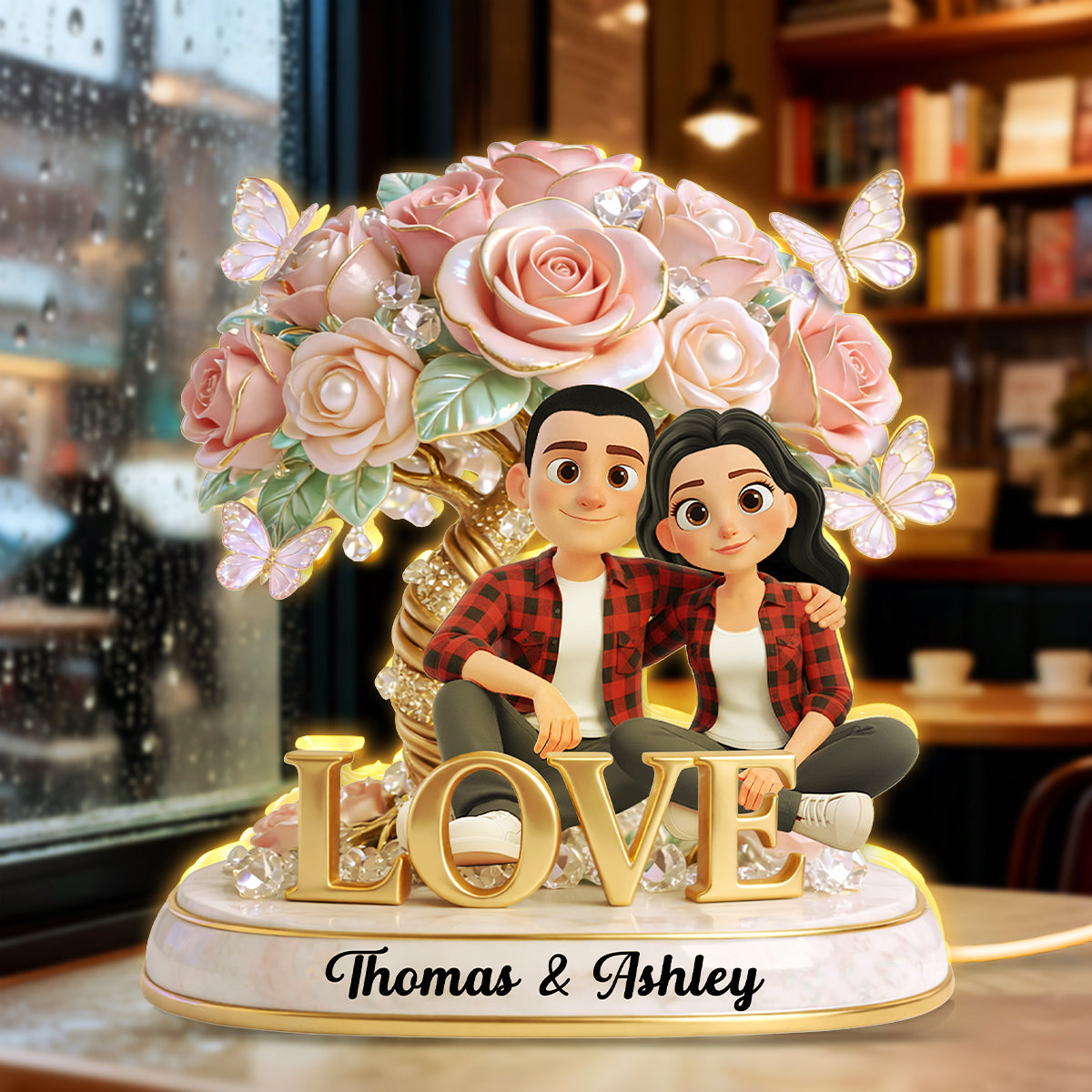 Pink Rose Couple Sitting on LOVE - Personalized Light Box - Heartfelt Valentine's Day Gift for Her, for Him