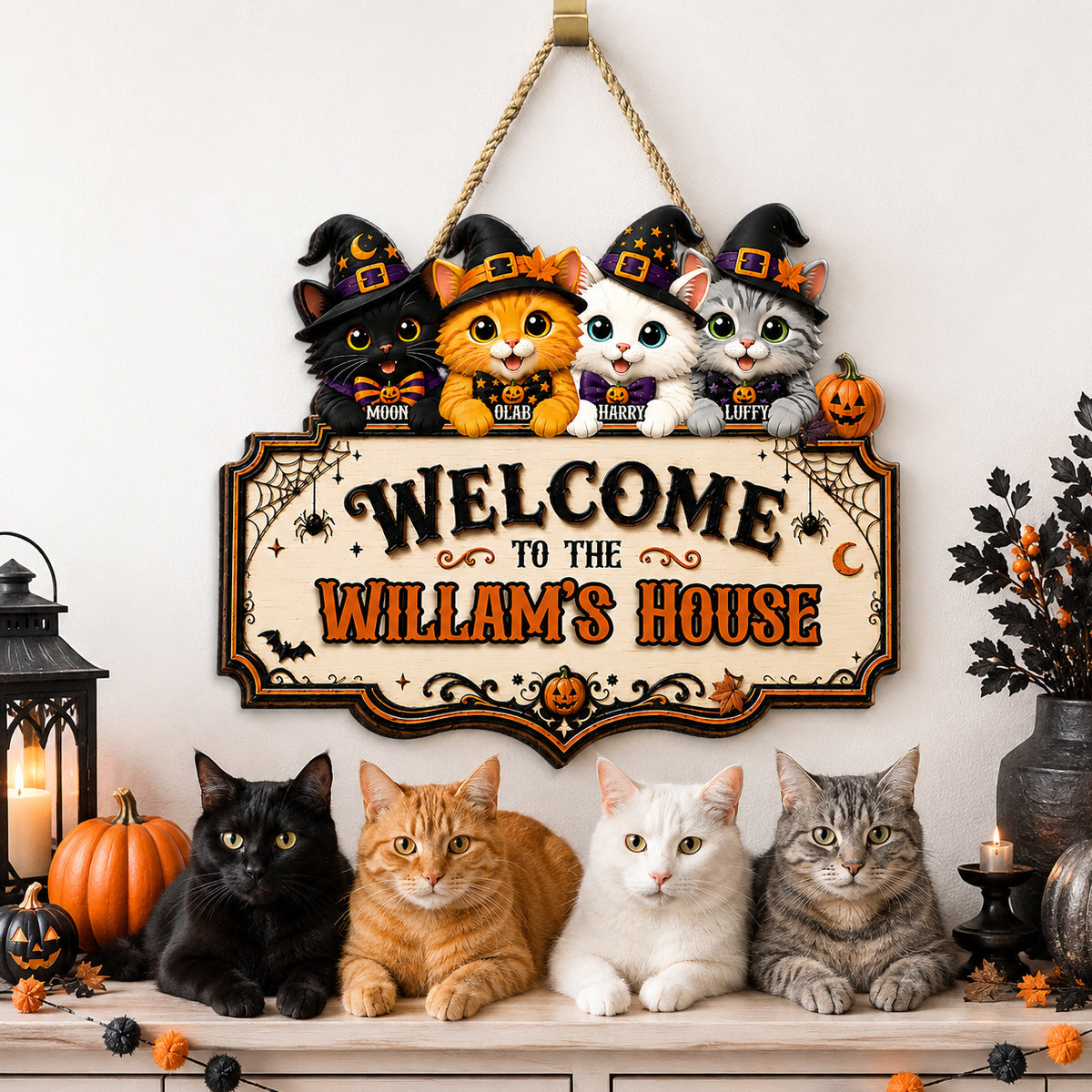 Welcome To Cat House Halloween - Personalized Door Sign - Halloween Decor Gift, Gift For Cat Lovers