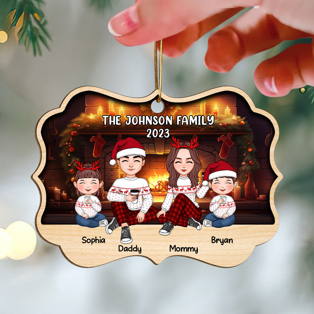Family Sitting In Front Of Fireplace Personalized Wooden Ornament