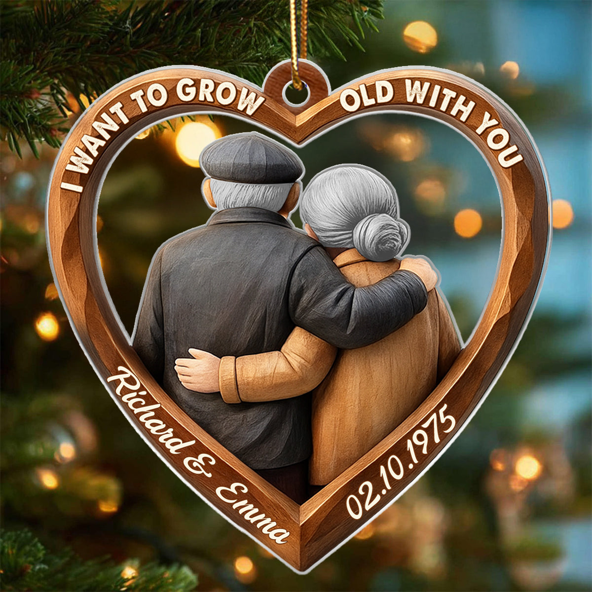 3D Effect Wooden Couple Growing Old Together - Personalized Acrylic Ornament - Christmas Gift for Couples