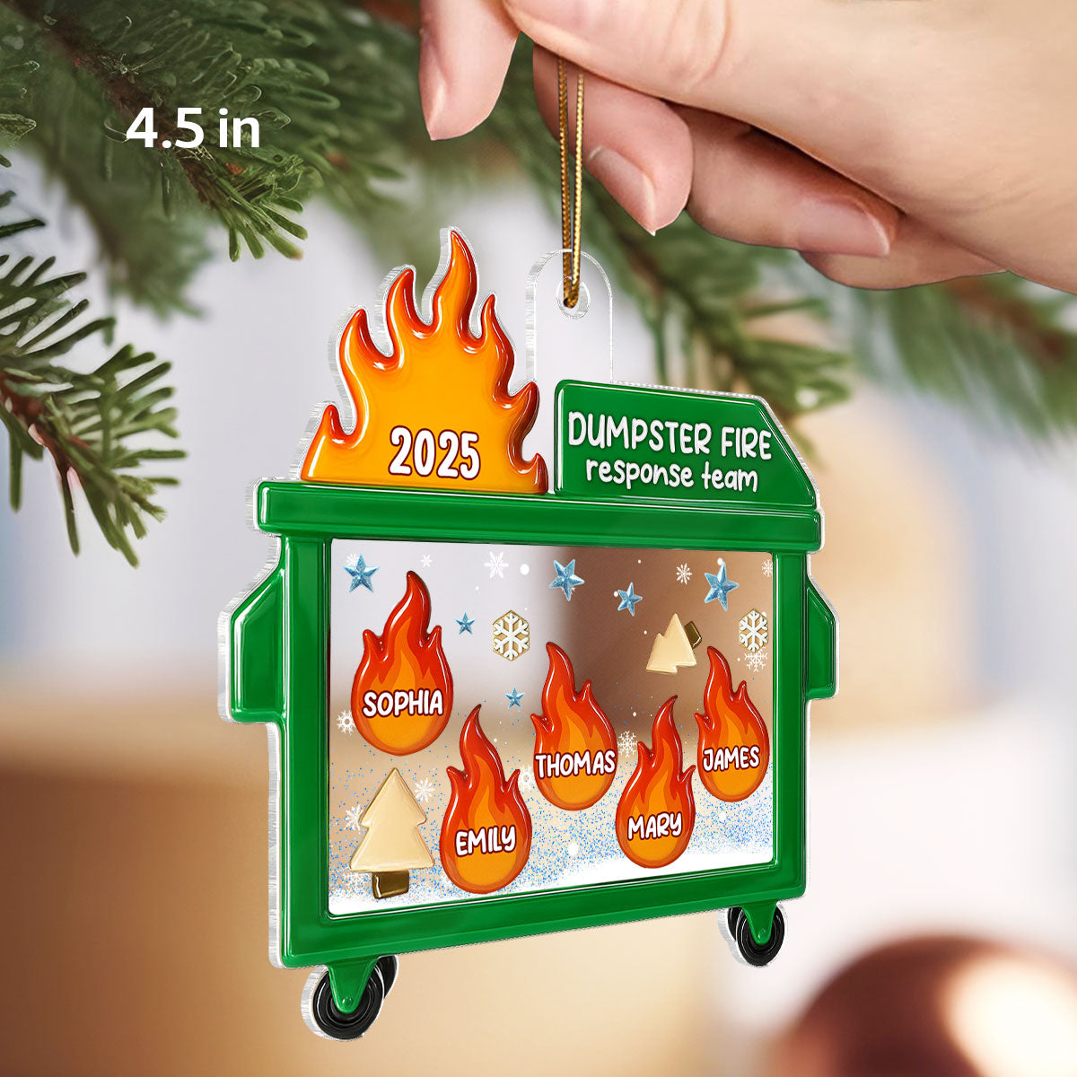 3D Effect Dumpster Fire Response Team With Names - Personalized Acrylic Ornament - Funny Gift For Coworkers, Work Besties