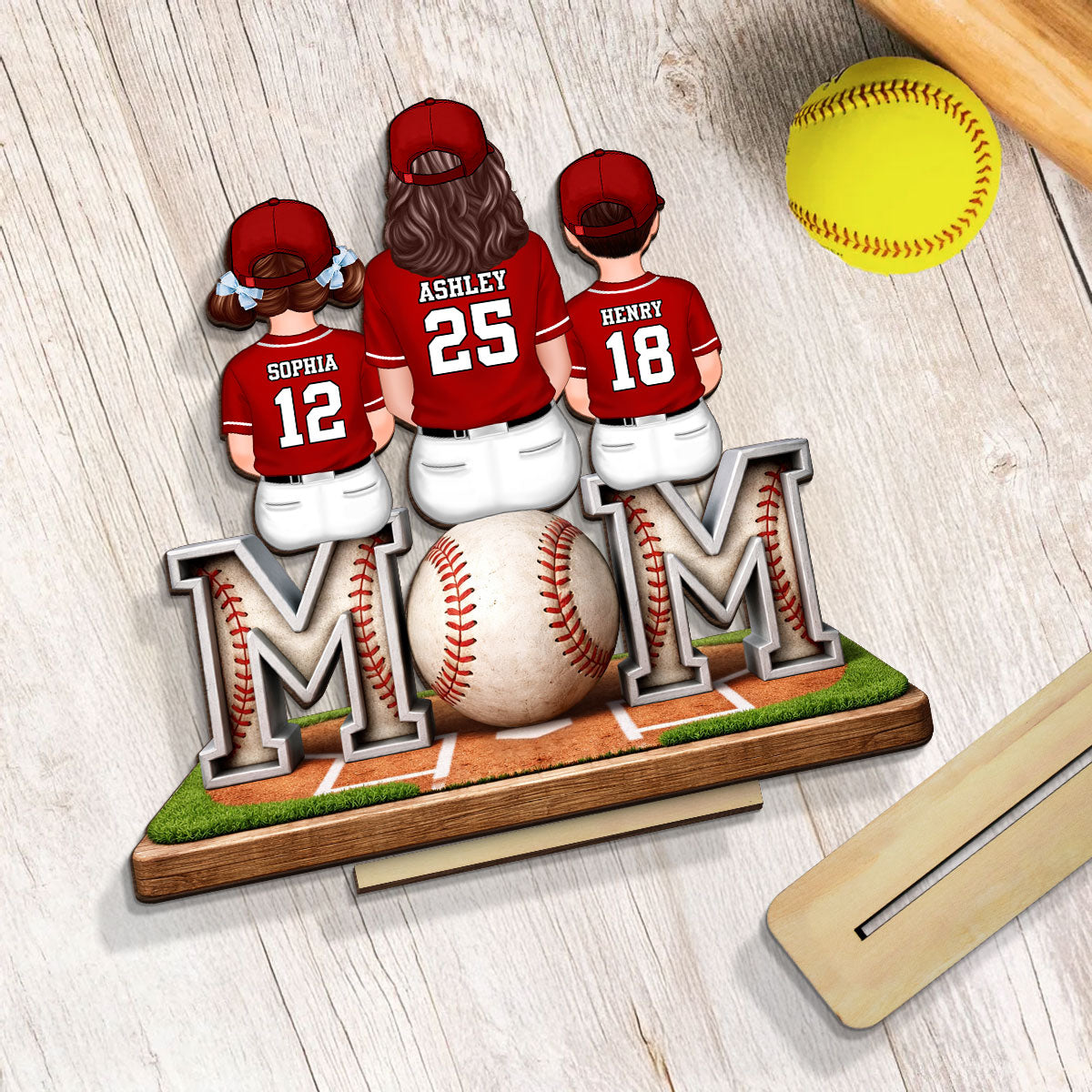 Baseball Mom And Kids Sitting - Personalized 2-Layered Wooden Plaque - Gift For Baseball Mom