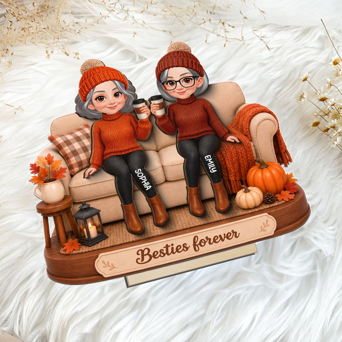 Besties Sisters Sitting On Sofa 2D Flat - Personalized Wooden Plaque - Fall Season Gift