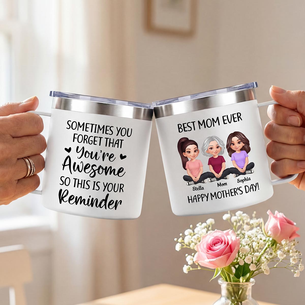 Sometimes You Forget That You're Awesome Mom - Personalized Stainless Steel Tumbler with Handle - Mother's Day Gift For Mom Grandma