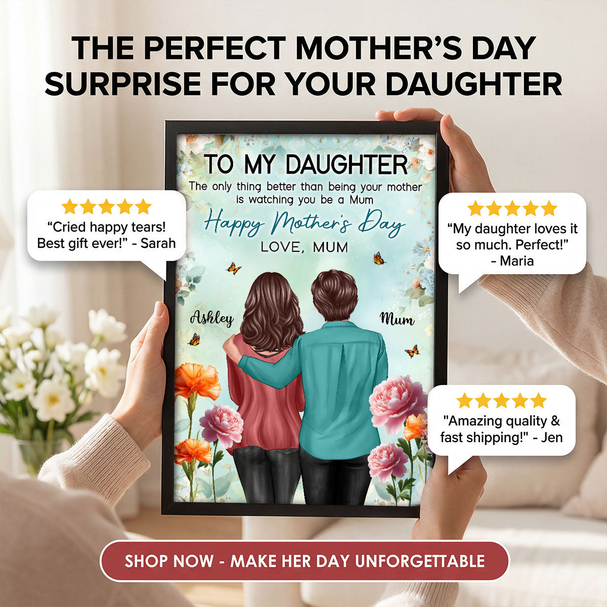 To My Daughter From Mum Birth Month Flower Happy Mother's Day Floral Green Tone - Personalised Poster - UK Mother's Day