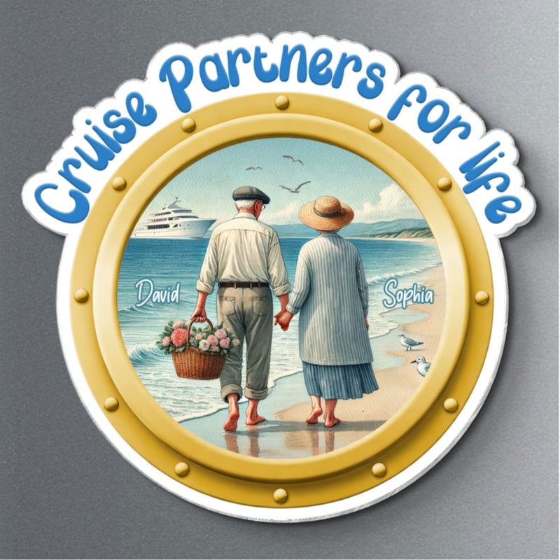 Cruise Partners For Life Porthole Old Couple Walking On The Beach - Personalized Cruise Ship Door Magnet - Cruise Trip Keepsake