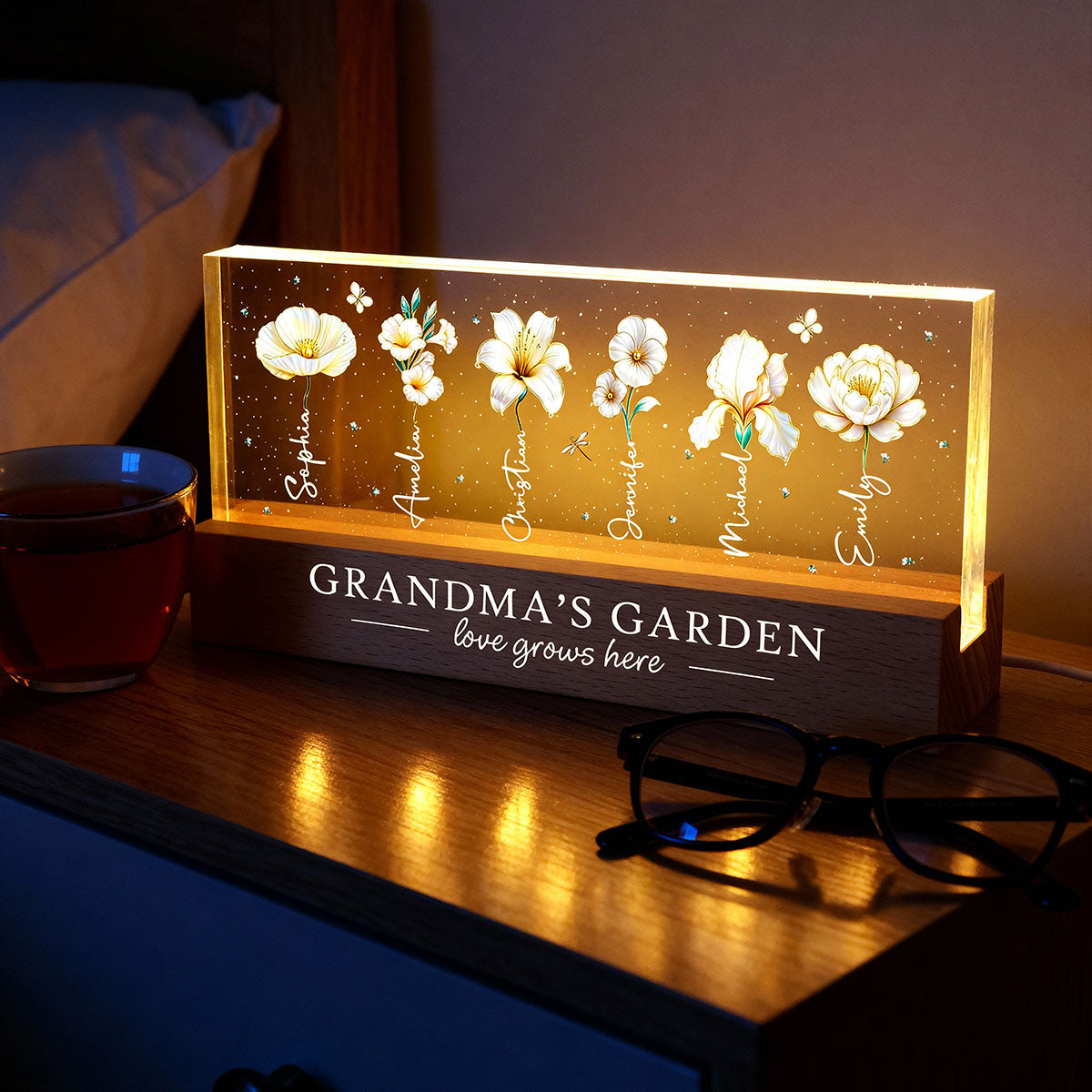 Grandma's Garden 3D Effect Birth Month Flowers - Personalized Acrylic Block LED Night Light - Gift For Grandma