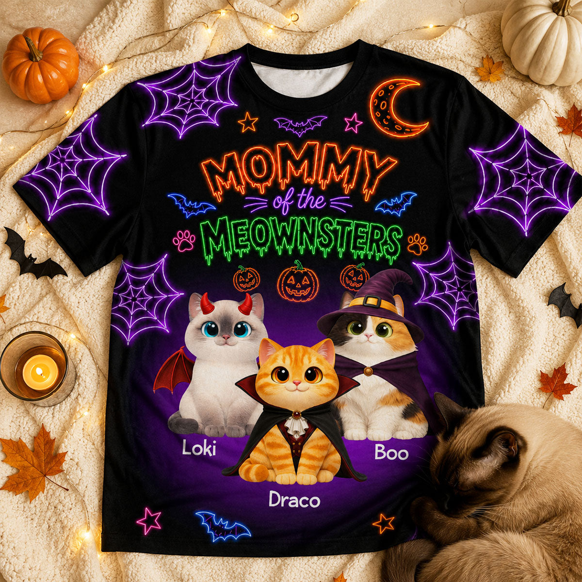Neon Theme Mommy Daddy Of The Meownsters Cats - Personalized Shirt - Halloween Gift For Cat Lovers