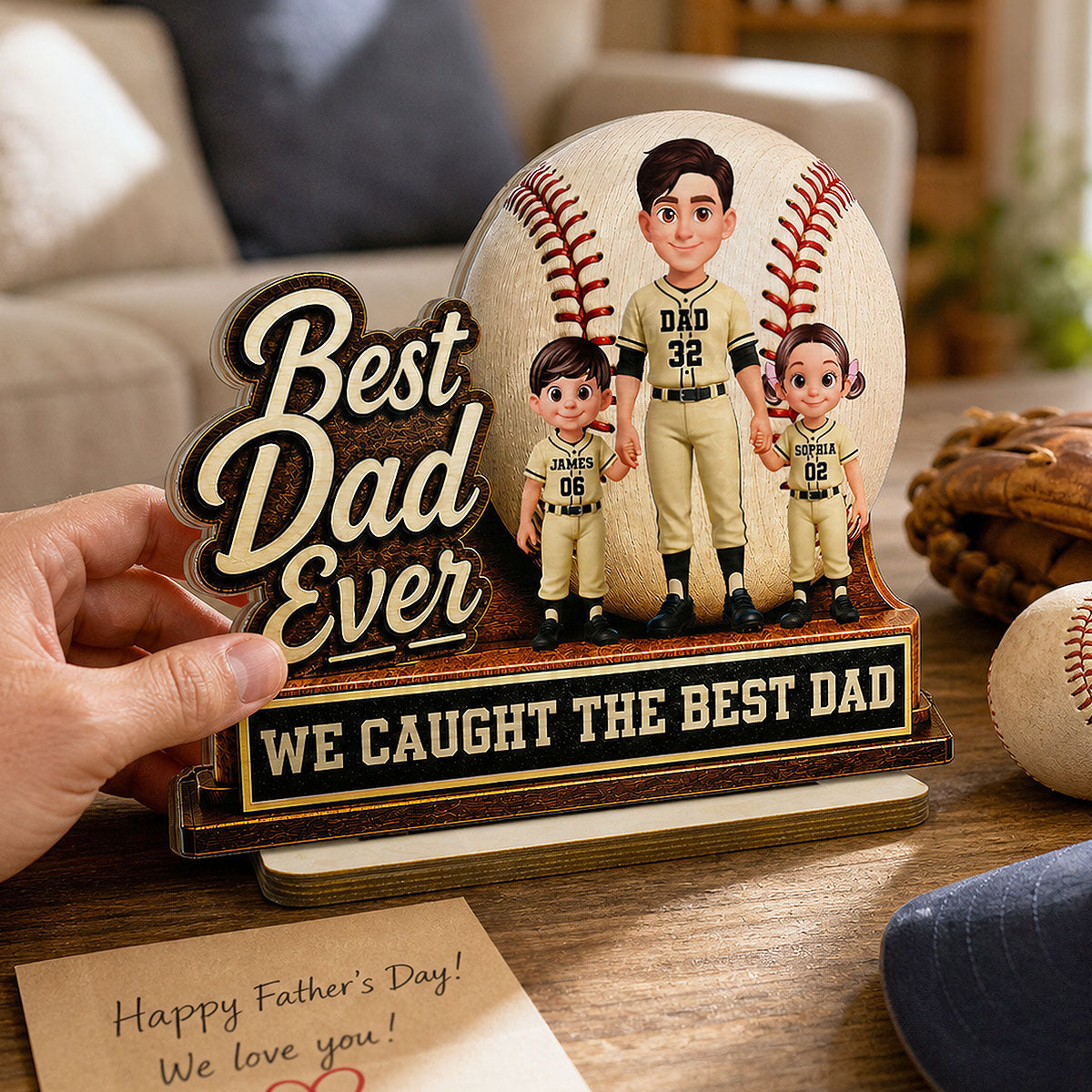 We Caught The Best Dad Dad & Kids - Personalized 2-Layered Wooden Plaque - Happy  For Baseball Softball Dad