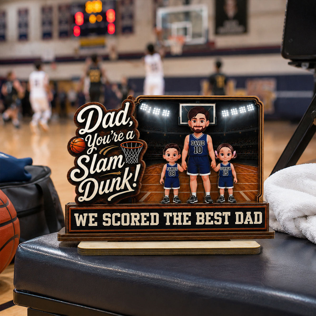 Dad You Are A Slam Dunk Basketball Man & Kids 2D Flat - Personalized 2-Layered Wooden Plaque -  Gift For Basketball Dad