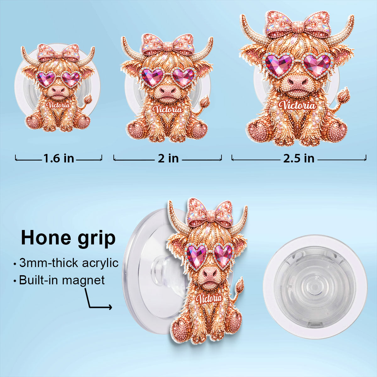 3D Effect Highland Cow - Personalized Acrylic Magnetic Phone Grip - Anniversary, Valentine's Day Gift, Gift For Her