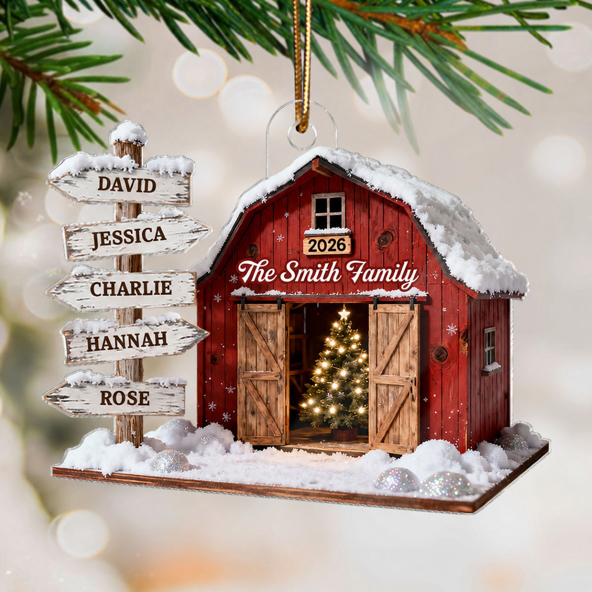 3D Effect Christmas Flat Nostalgia Barn House Family Sign Posts - Personalized Acrylic Ornament - Gift For Family, Farmhouse Decor