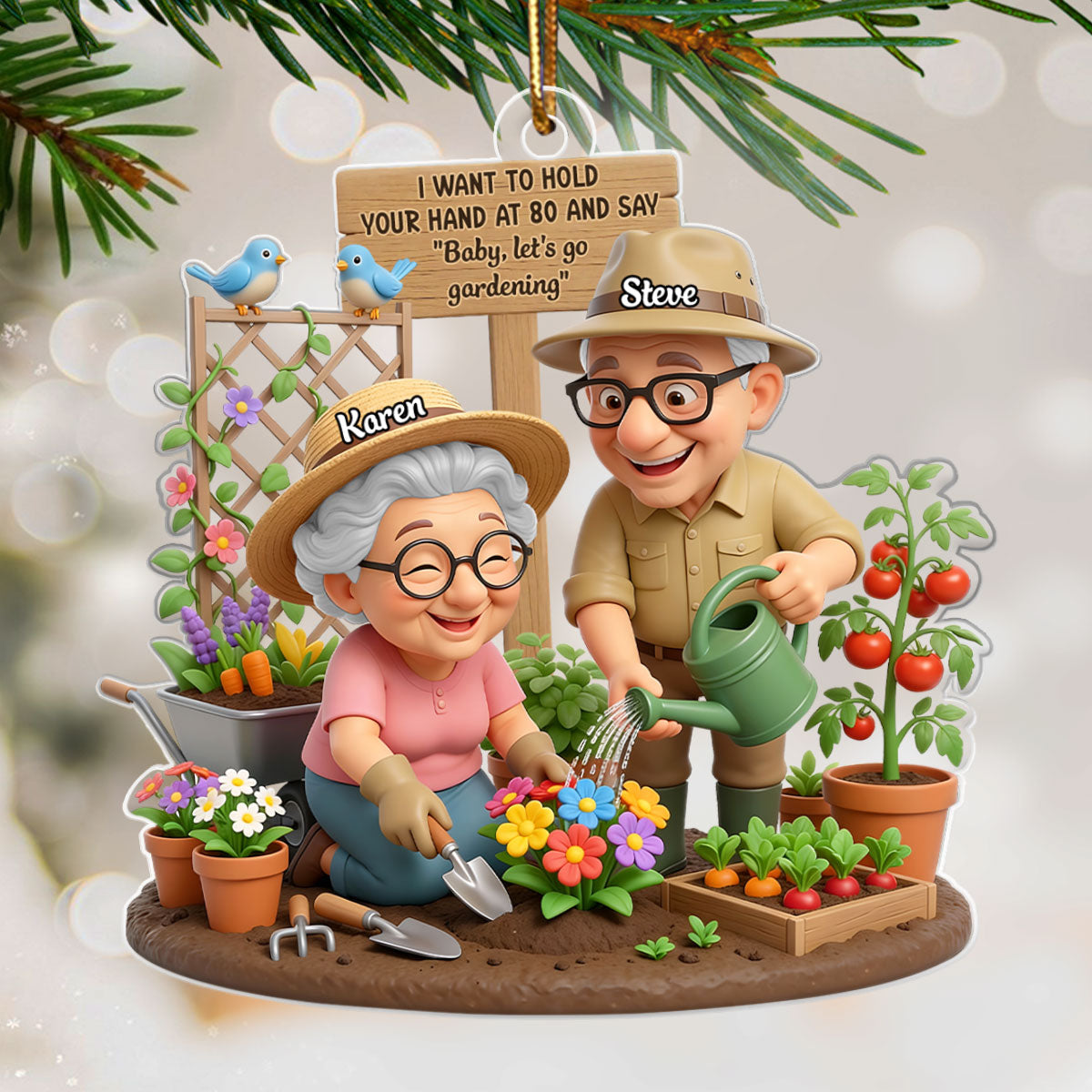 Baby Let's Go Gardening Old Couple - Personalized Acrylic Ornament - Christmas Gift For Him, For Her, For Couple