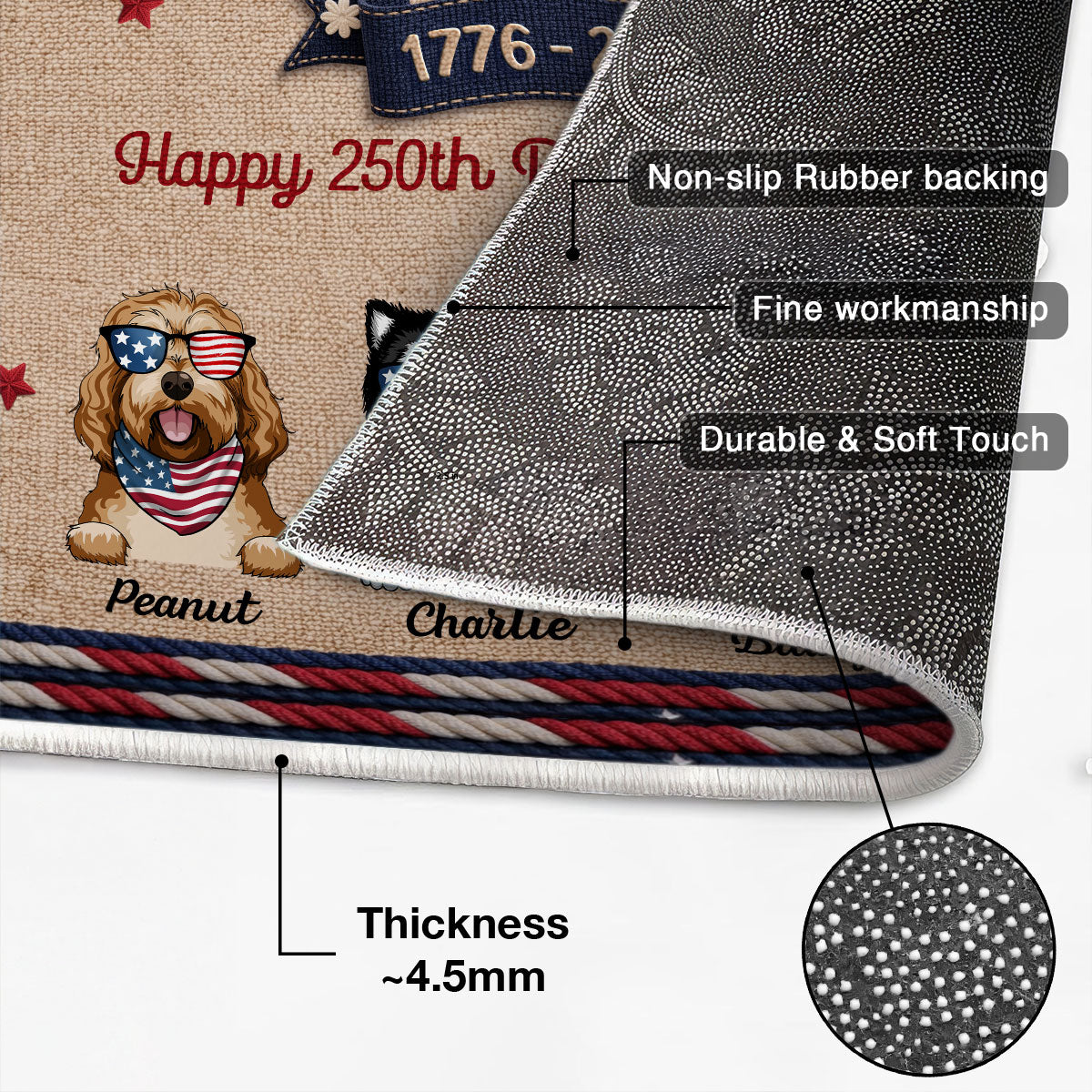 USA 250th Birthday Patriotic Flag Dog Faux Yarn Pattern - Personalized Doormat - Gift For Dog Lovers