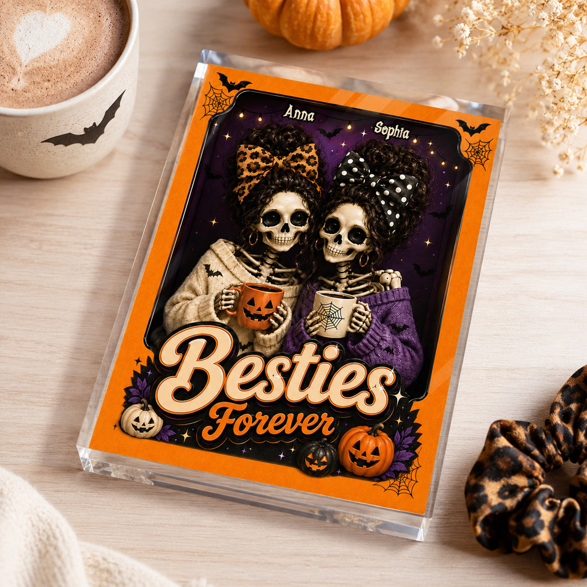 Besties Forever Skeleton Halloween - Personalized Acrylic Block Plaque - Halloween Decor Gift, Gift For Besties