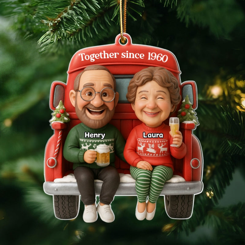Old Couple Sitting on Christmas Truck - Personalized Acrylic Ornament - Christmas Gift for him, Gift for her