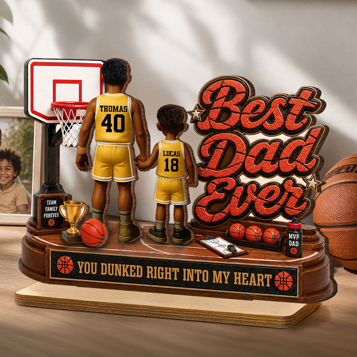 Best Basketball Dad Ever Dunked Right Into Our Hearts - Personalized 2-Layered Wooden Plaque -  Gift For Dad, Husband