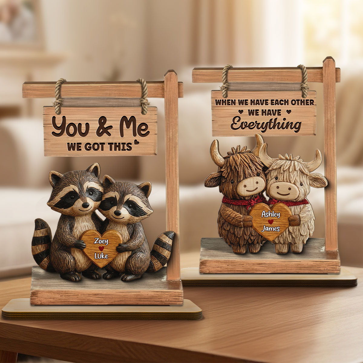 3D Effect Animal Couple Standing - Personalized Wooden Plaque - Anniversary, Valentine's Day Gift For Him, Gift For Her
