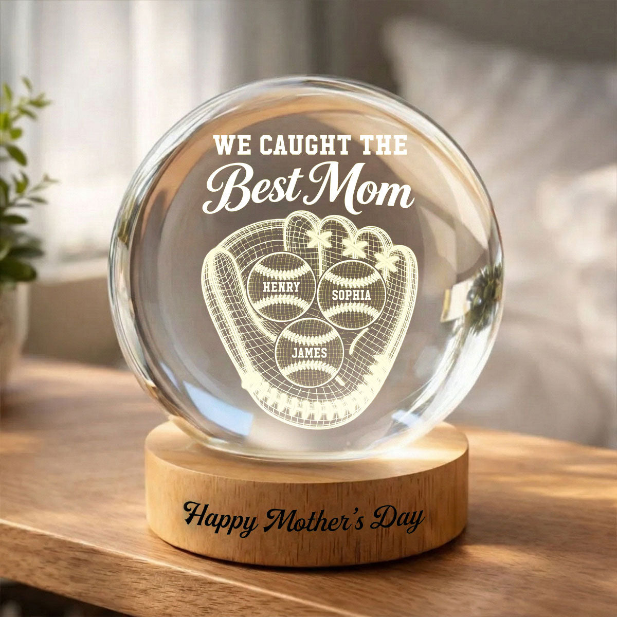Baseball We Caught The Best Mom Illusion - Personalized Crystal Ball LED Night Light - Mother's Day Gift For Mom, Wife