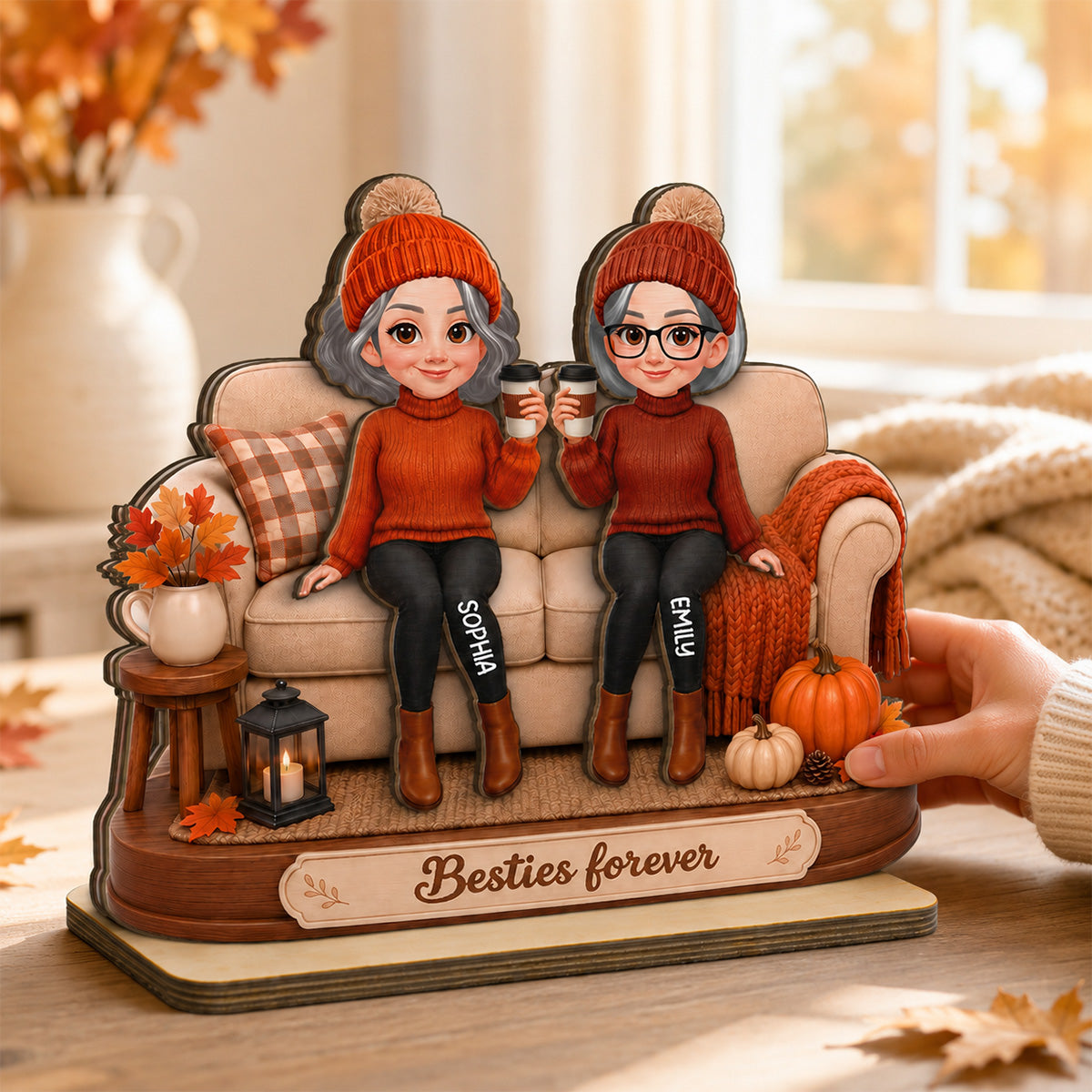 Besties Sisters Sitting On Sofa 2D Flat - Personalized Wooden Plaque - Fall Season Gift
