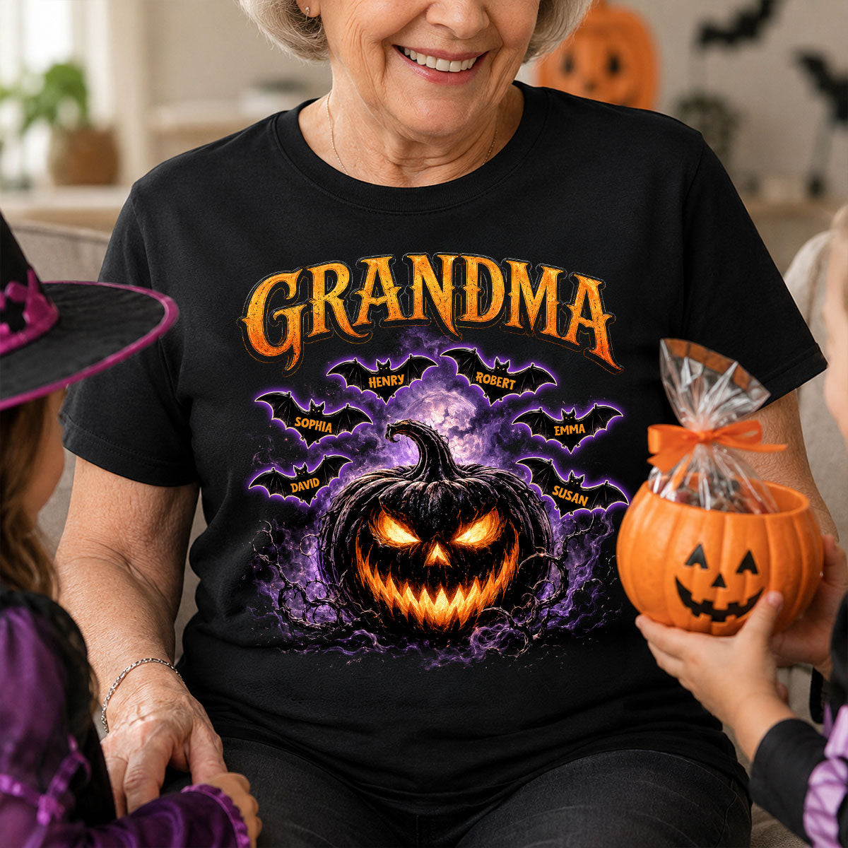 Jack O Lantern Pumpkin Grandma - Personalized Shirt - Trendy Halloween Tee for Grandma
