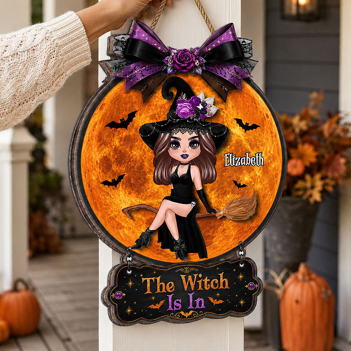 The Witch Is In Witch On Broom - Personalized Door Hanger Sign - Halloween Decor, Wicca Pagan Decor For Witches