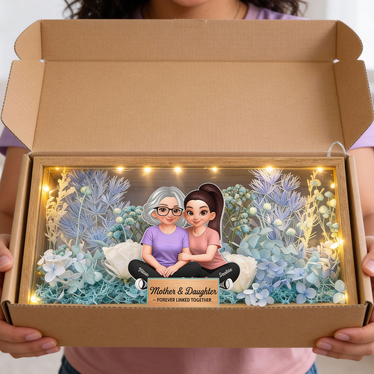 Mom & Daughter Forever Linked Together - Personalized DIY Flower Shadow Box LED Night Light - Gift For Mom, Daughter