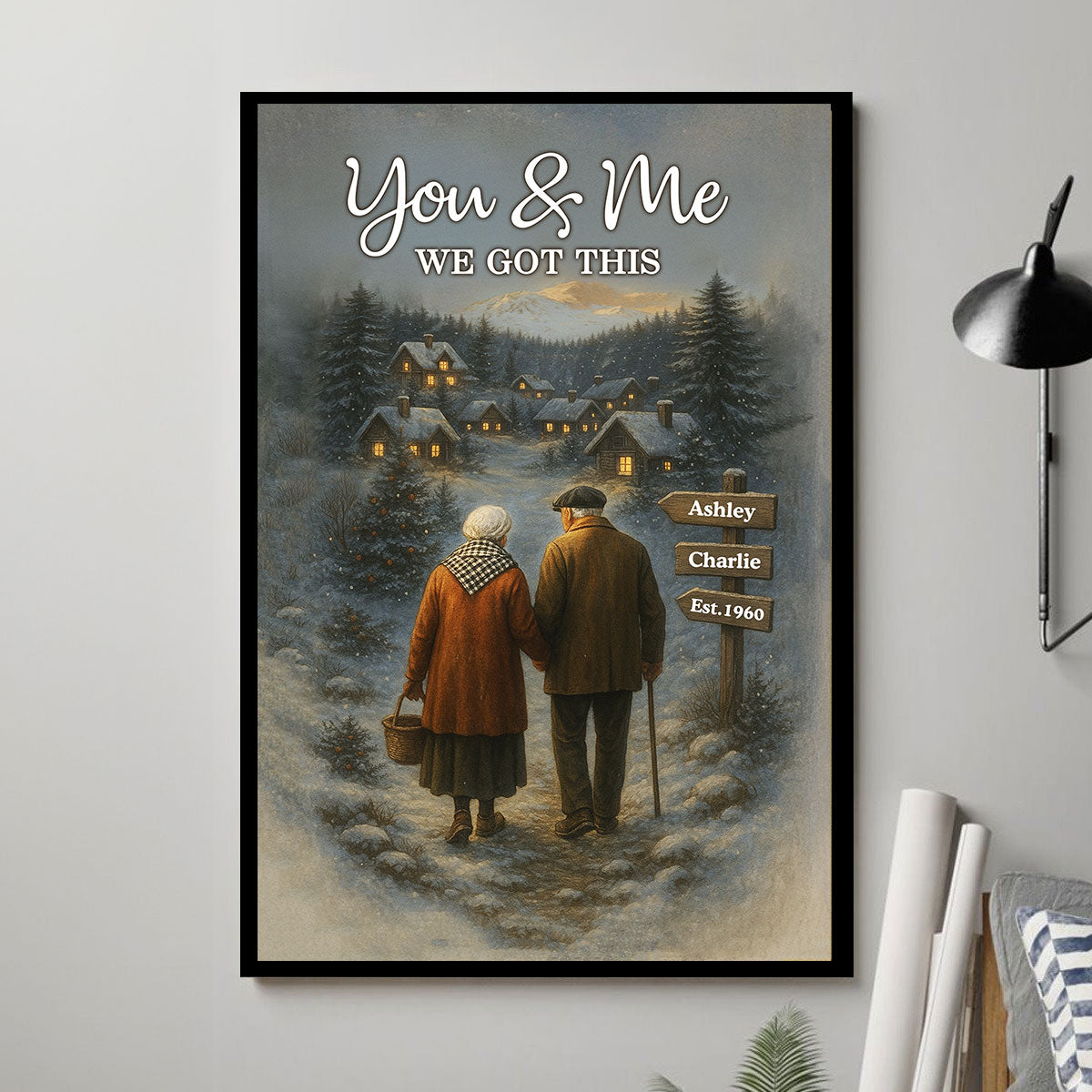 Old Couple Walking in Winter Scene - Personalized Poster - Heartwarming Christmas Gift for him, Gift for her